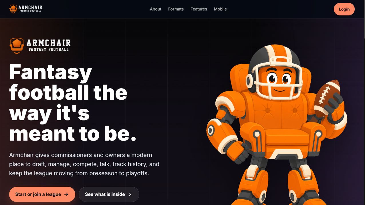 Screenshot of the Armchair Fantasy Football home page